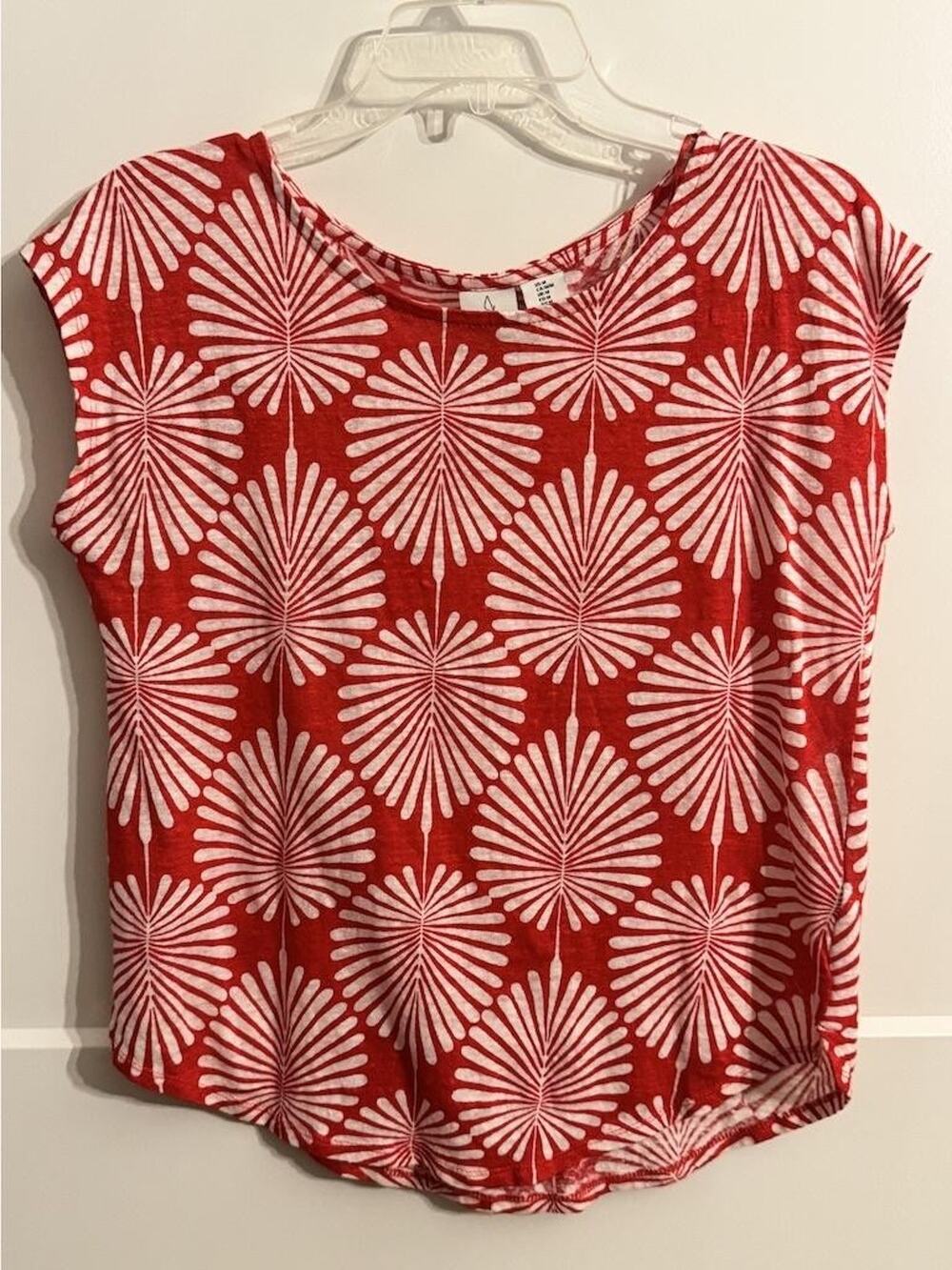Geometric Print T-Shirt Top Large Red Cap Sleeve Scoop Neck Jersey Resort Vaca